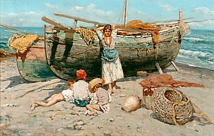 J. Giardiello - Fisherman girl and children at the sandy beach of a south Italian harbour