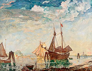 Ulrich Hübner - Silent evening at the coasts harbor with sailboats
