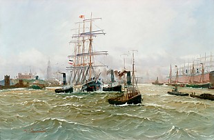 Alfred Jensen - Harbor of Hamburg with three-master and numerous of steamboats