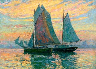 Georg Burmester - Evening sky over silent coast waters with fisher boat