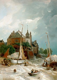 Andreas Achenbach - A city with old tower and rampart