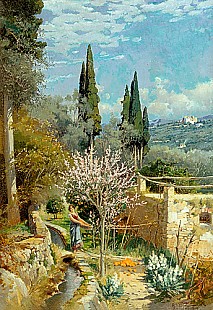 Hermann Nestel - Flowering orchard in south italian landscape
