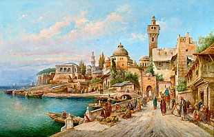 August von Siegen - Market day in front of an oriental seaport