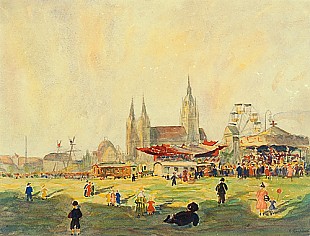 Hans Christiansen - Oktoberfest at Theresienmeadow in Munich with St. Pauls church