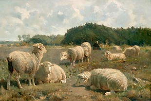 Cornelis van Leemputten - Flock of sheep in summerlike landscape