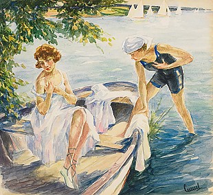 Edward Cucuel - Sommerday at a lake with two young girls in a boat