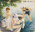 Sommerday at a lake with two young girls in a boat
