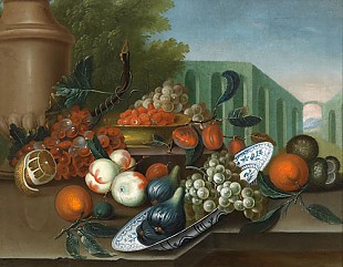 anonymer Stillebenmaler - Fruit still life with park landscape