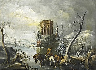 Spanischer Landschaftsmaler - River Landscape with cow herdsmen