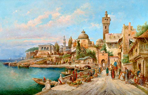 August von Siegen - Market day in front of an oriental seaport