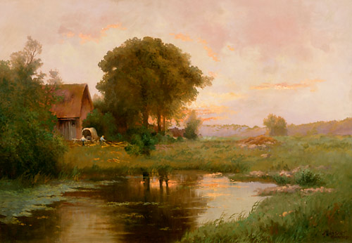 Ernst Meissner - Meadow landscape at the farm in the evening