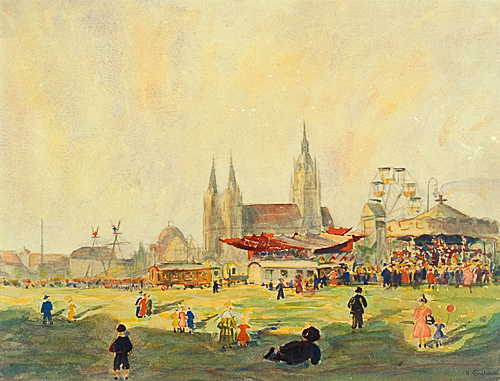 Hans Christiansen - Oktoberfest at Theresienmeadow in Munich with St. Pauls church