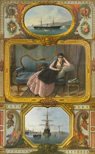 Deutscher Maler - Painting as a decoration with ships and a young lady reading
