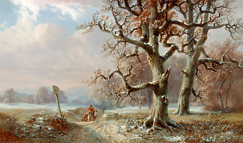 Anton Viktor Steinach - Postal service horseman in wooded winter landscape