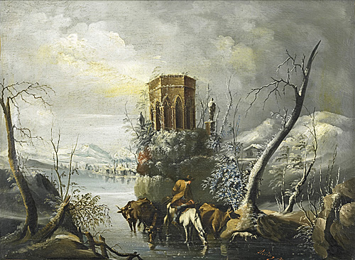 Spanischer Landschaftsmaler - River Landscape with cow herdsmen