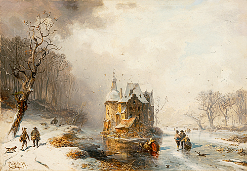 Carl Hilgers - Snowy riverscape with moated castle