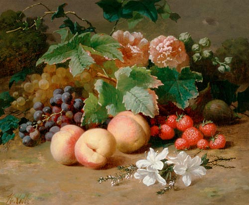 Henri Robbe - Still life with flowers and fruits