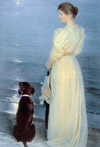 Peder Severin Kroyer - Summer Evening at Skagen, Marie Kroyer with a Dog on the beach