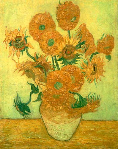 Vincent van Gogh - 14 Sunflowers in a vase in front of a green background